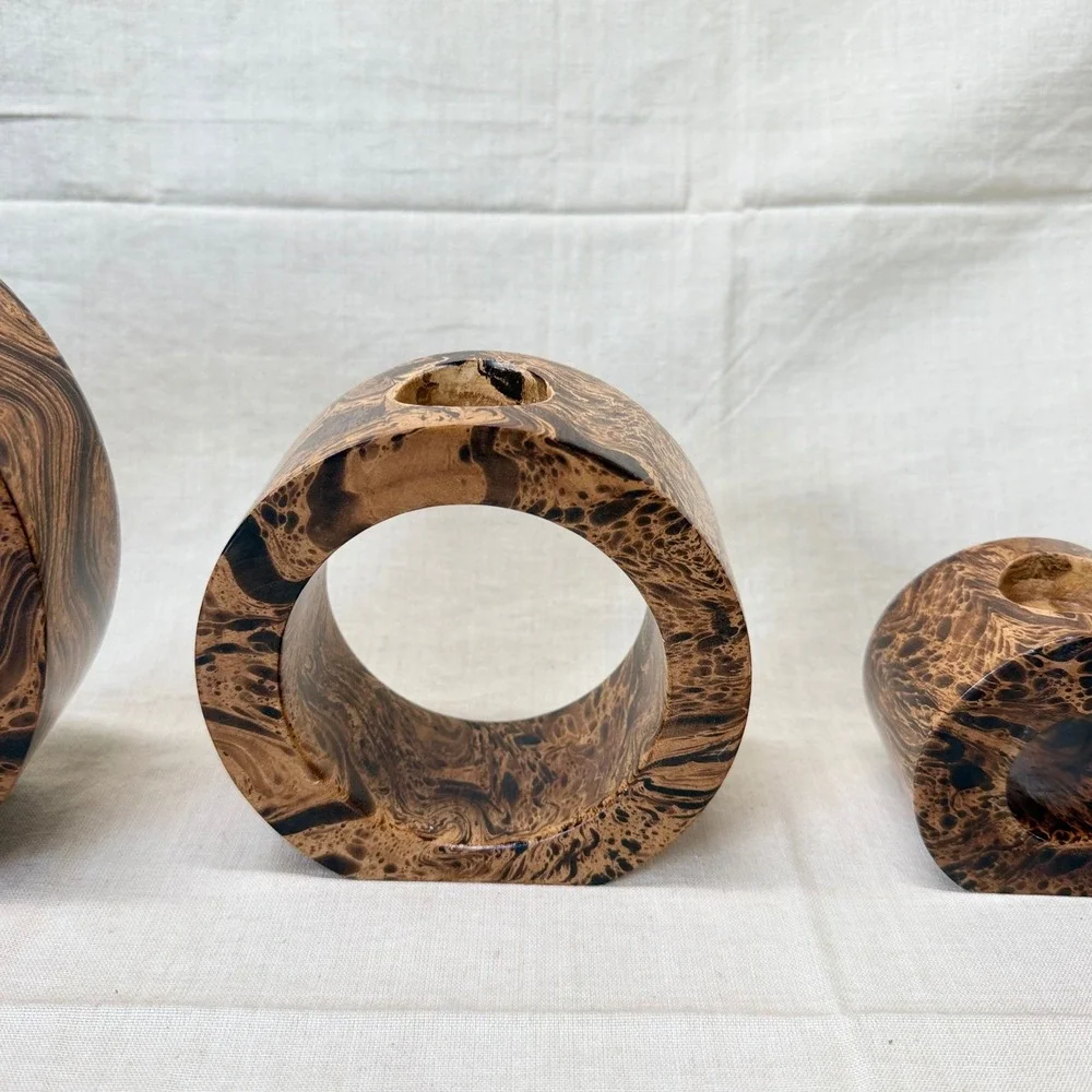 Vintage Postmodern Burl Wood Style Candle Holder Set, 1980s